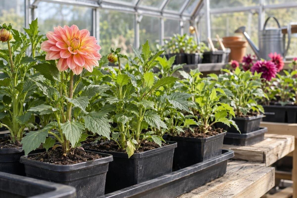 Starta dahliaknölar i växthus före utplantering