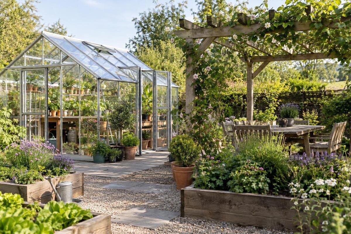 Växthus och pergola – skapa två tydliga trädgårdsrum