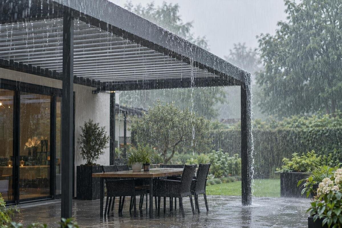 Kan en lamellpergola hålla tätt i kraftigt regn?