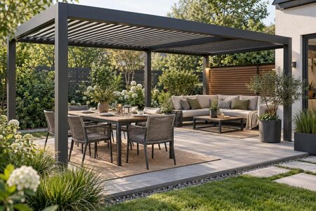 Planera matplats och soffhörna under samma pergola