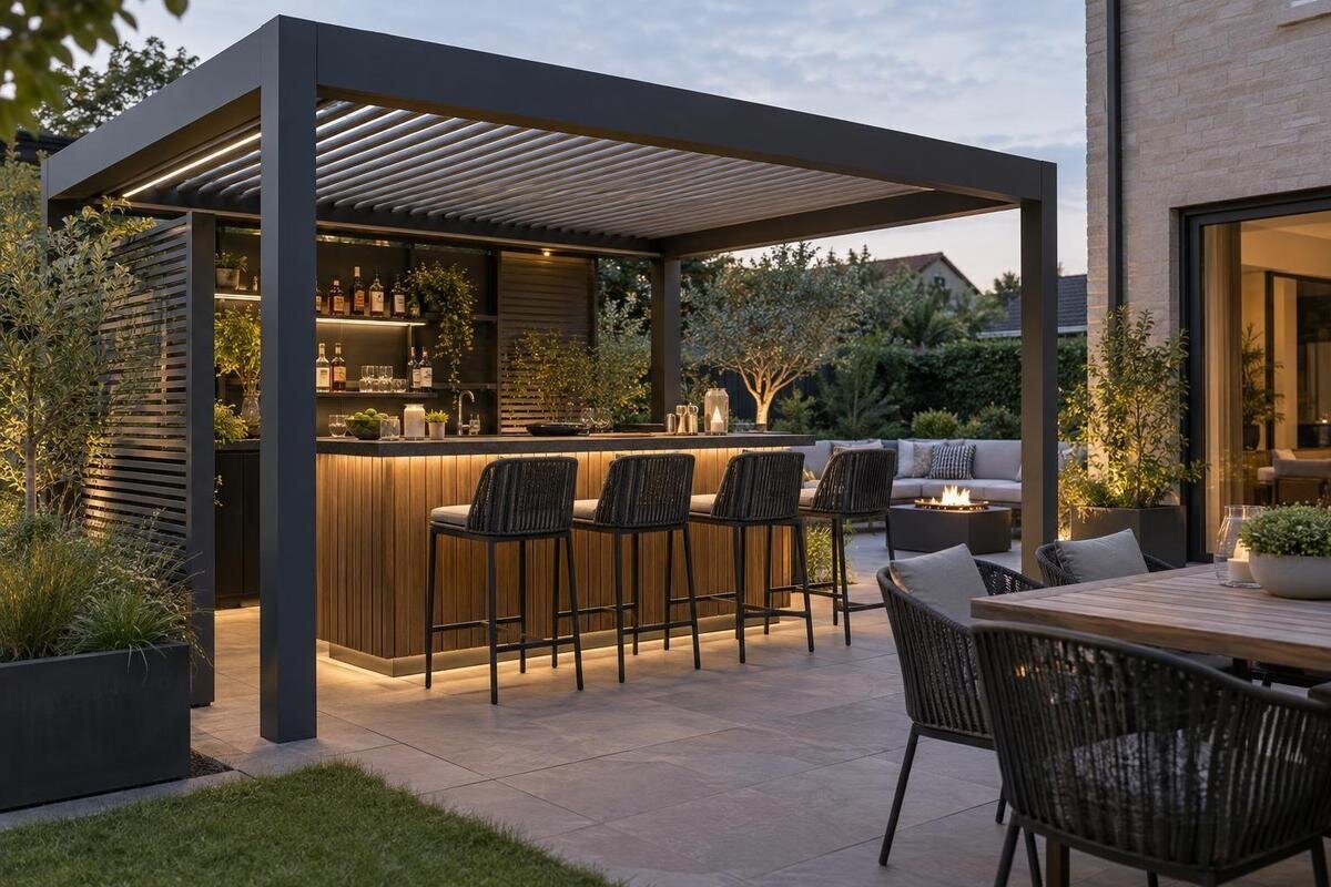 Pergola med utebar: planera sittplatser och flöde