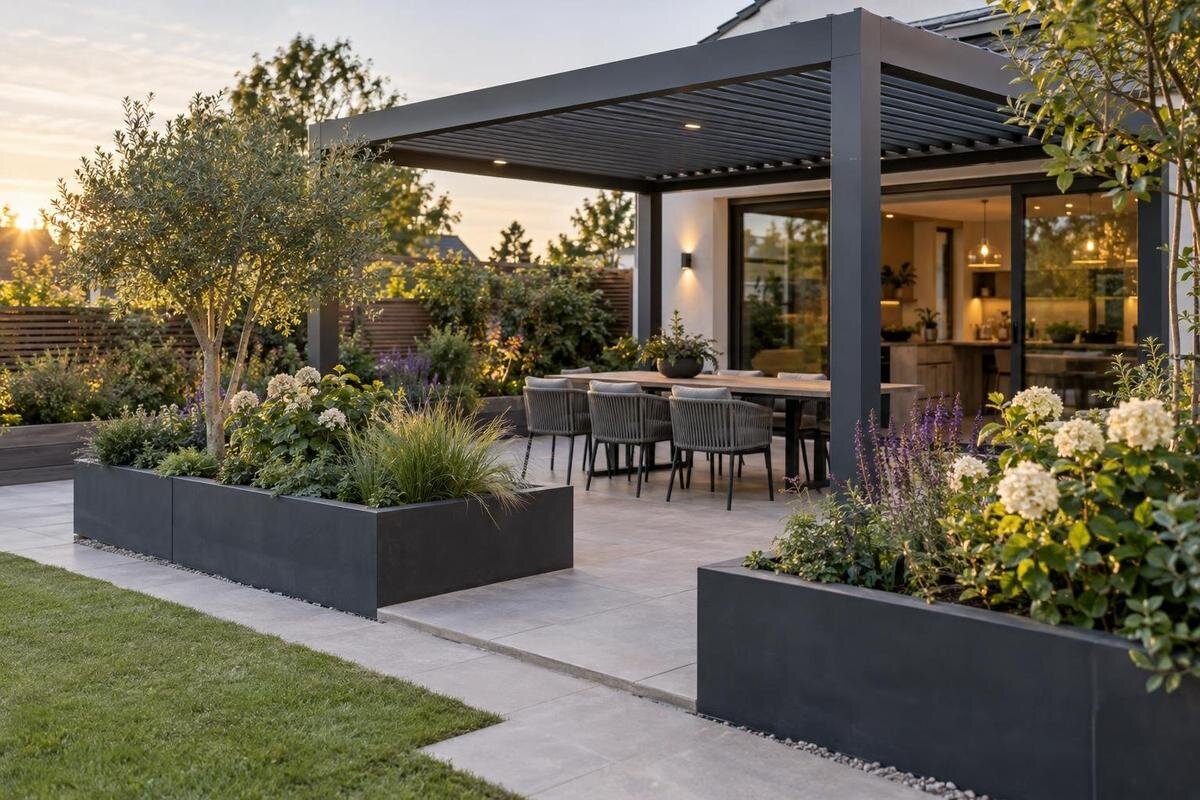 Pergola med upphöjda planteringsbäddar