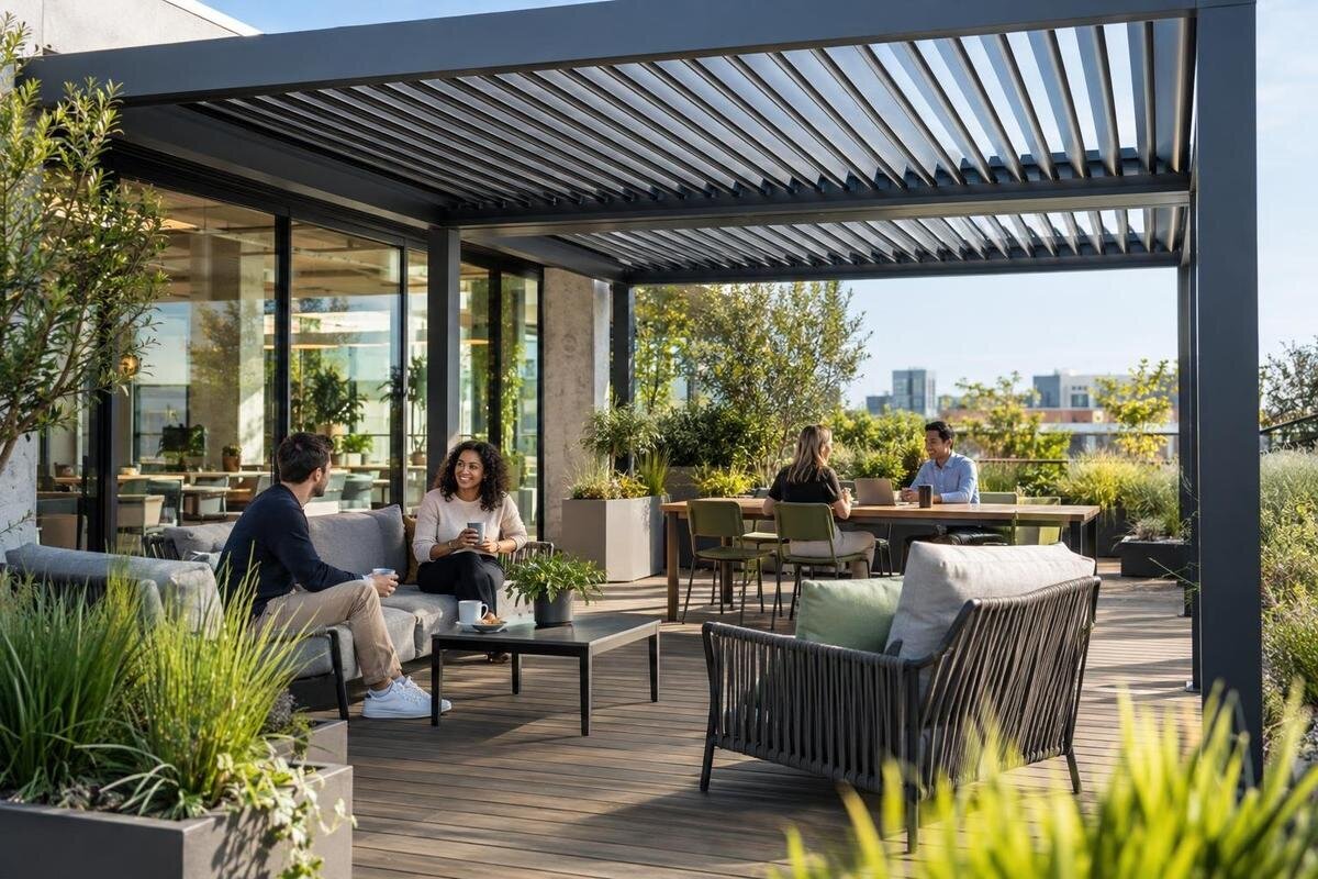 Så planerar ni en pergola vid arbetsplatsens pausyta