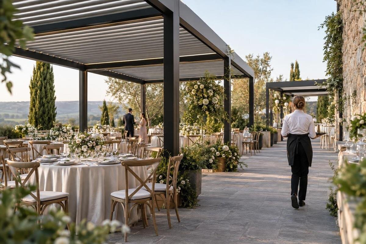 Pergola för bröllop: planera sittning, flöden och servering