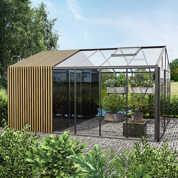 Växthus i aluminium med förråd Accoya Fusion