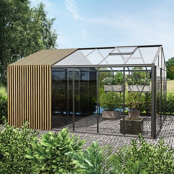 Aluminium - Växthus med inbyggt förråd och Accoya-element